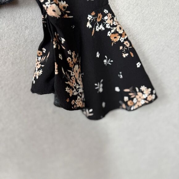 Y2K Black Floral Deep V-Neck Peplum Front Tie Bolero Long Bell Sleeve Sz M - Picture 7 of 8